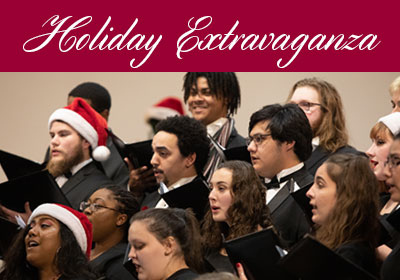 Students sing while wearing Santa hats. Text reads Holiday Extravaganza