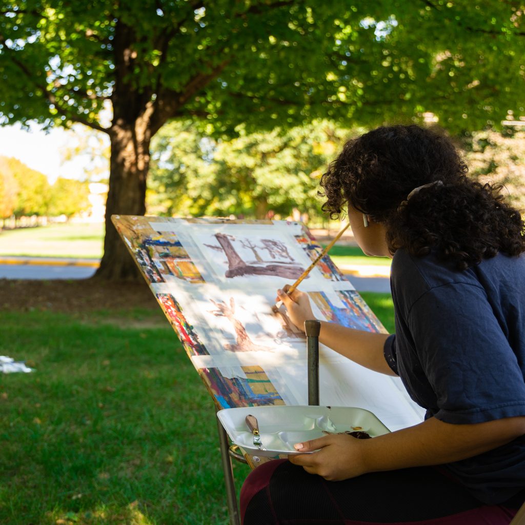 Student painting the landscape outside