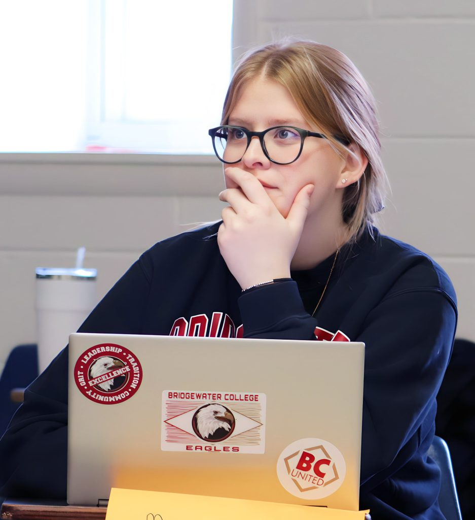 A teacher education student listens intently to an educational psychology lecture at Bridgewater College. 