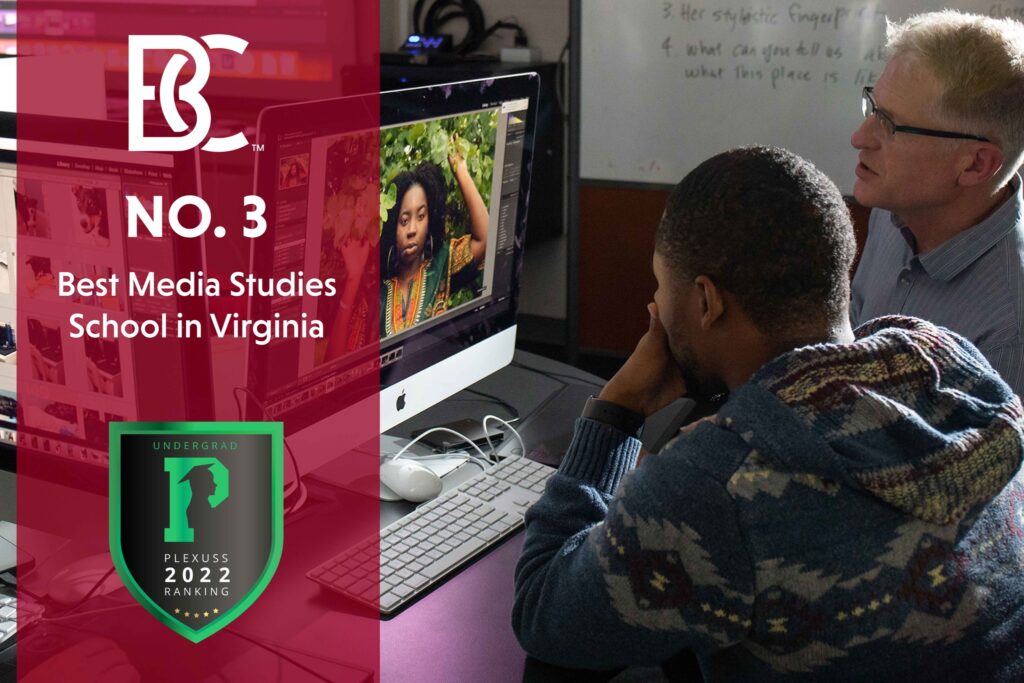Transparent red banner that reads No. 3 Best Media Studies School in Virginia with green and black PLEXUSS logo. Picture of a student and professor looking at a computer in the background