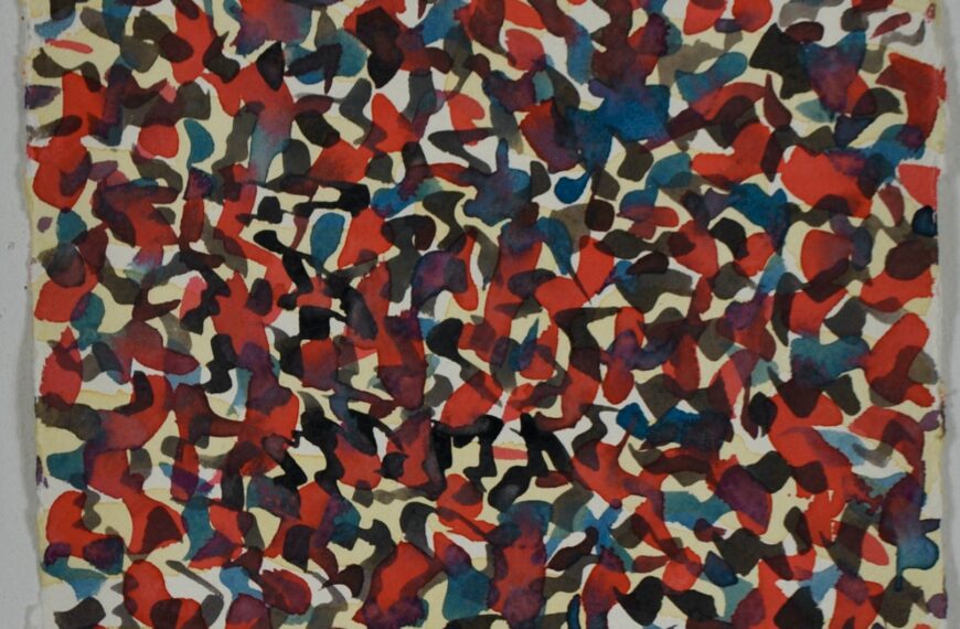 an abstract painting of red, blue, yellow and black lines.