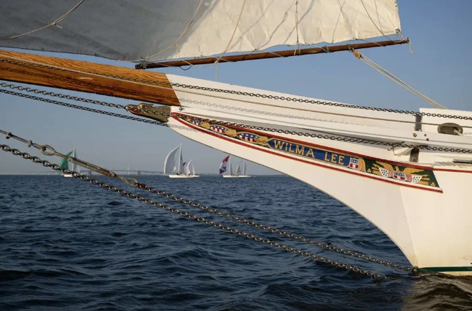 Front of a sailboat named Wilma Lee